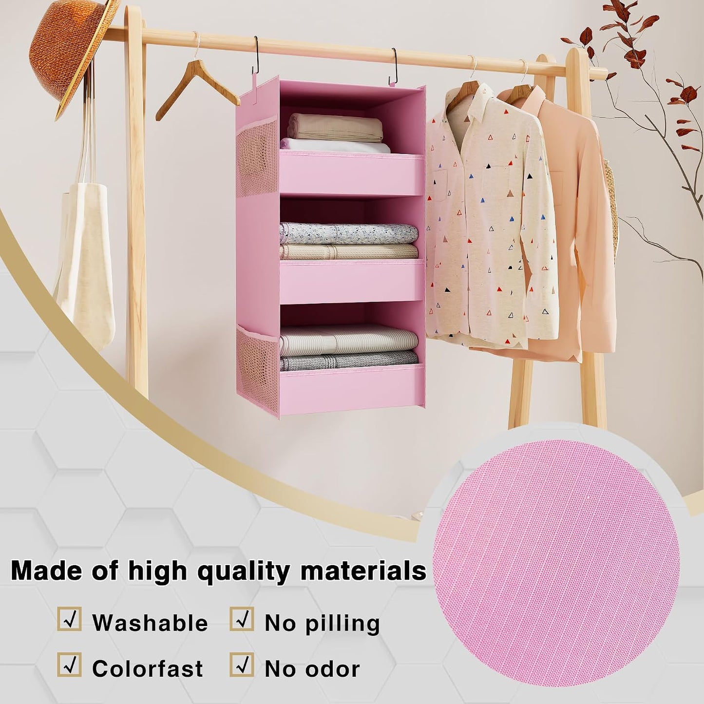 3-Shelf Hanging Closet Organizer, Washable Foldable Storage, Dark Gray | Front lip keeps items secure; side pockets add room; Oxford fabric handles towels, shirts, baby items, dorms, RVs or travel.