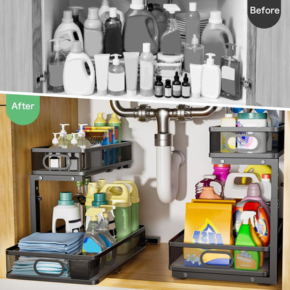 Under Sink Organizer 2 Pack, High Adjustable 2 Tier Under Sink Organizers and Storage, Slide out Metal Cabinet Organizers, Pull out Storage Drawer Shelf for Kitchen Bathroom Cabinet (Black-1pack)