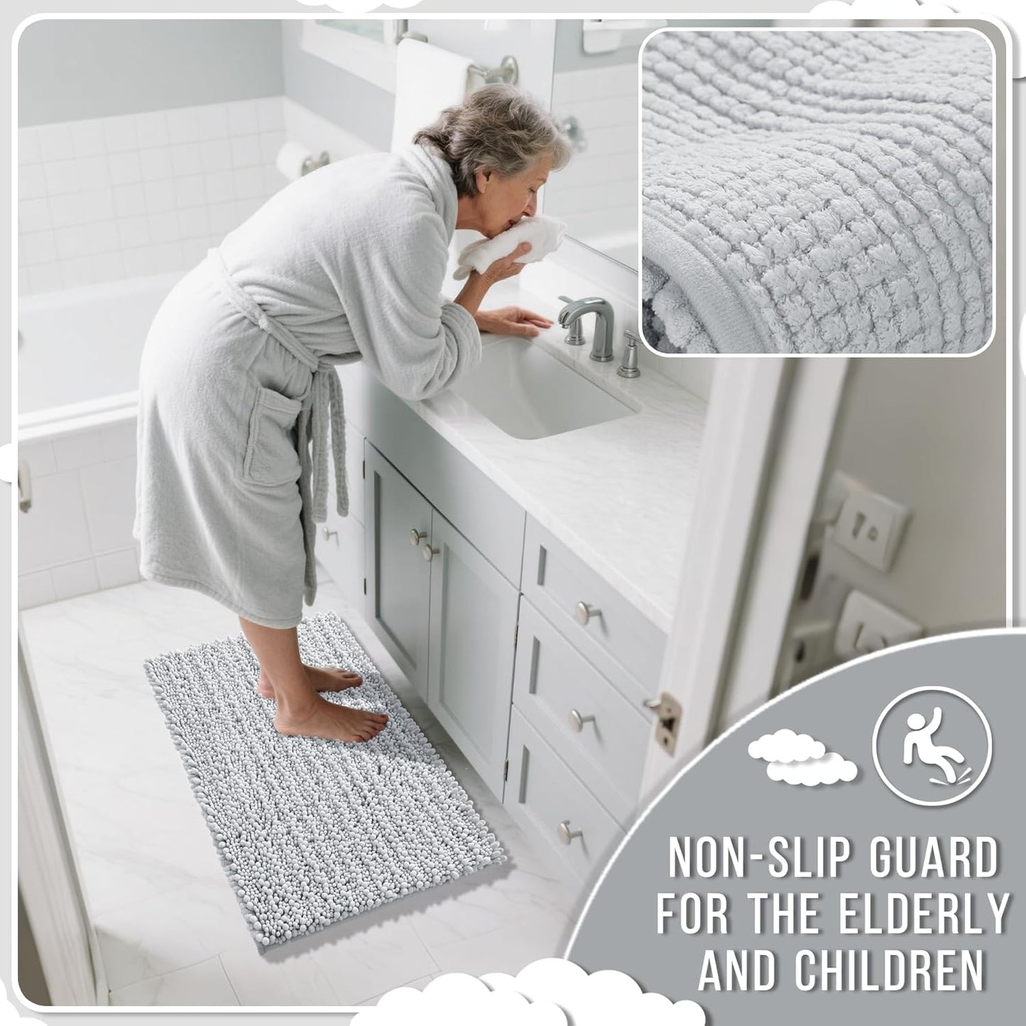 Yimobra Bathroom Rugs Non Slip Washable - Ultra Soft Absorbent Chenille Bath Mat, Quick Dry Shaggy Floor Carpet for Tub Shower, Gray Home Decor Accessories, 24x17 Inch