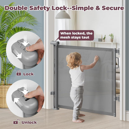 Retractable Baby Gate for Stairs & Doorways, Mesh Dog Gate Indoor Outdoor, Extends to 55" Wide 34" Tall Child Gate for Hallways, Deck, Porch, Pet Toddler Safety Essentials, Easy Install, Grey