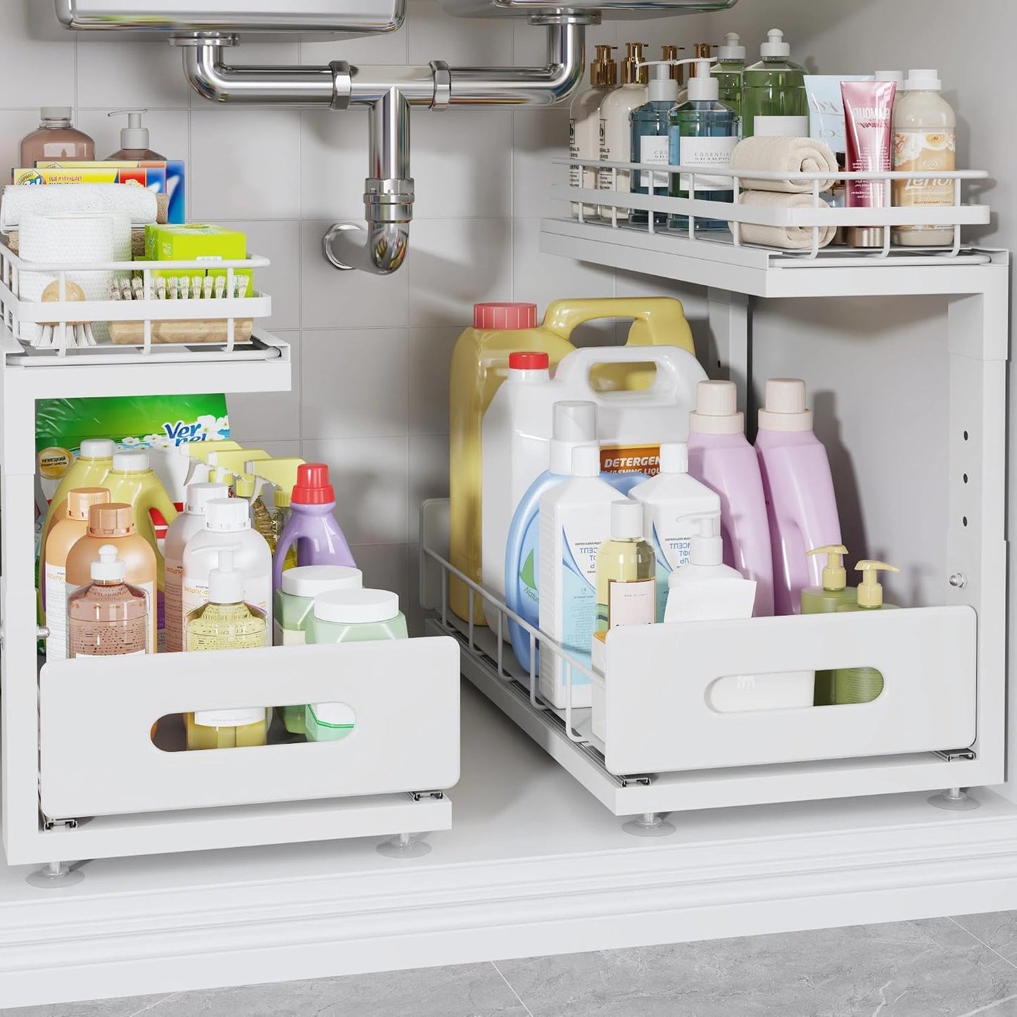Under Sink Organizer Upgrade To Professional Rails,2-Tier Dual Pull Out Cabinet Storage,Height Adjustable Slide Out Drawers For Bathroom Kitchen,2 Pack-14.5" Dx12.8-16.9" H,White