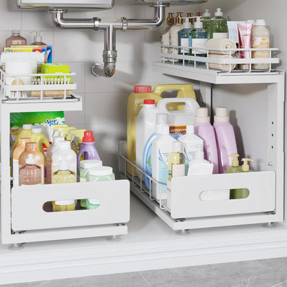 Under Sink Organizer Upgrade To Professional Rails,2-Tier Dual Pull Out Cabinet Storage,Height Adjustable Slide Out Drawers For Bathroom Kitchen,2 Pack-14.5" Dx12.8-16.9" H,White