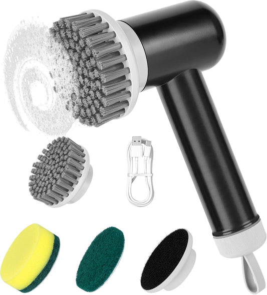 Electric Spin Scrubber, Cordless Shower Scrubber with 3 Replaceable Brushes, Waterproof Power Scrubber for Cleaning Bathroom, Kitchen, Floor, Rechargeable Electric Scrubber for Cleaning, Light Black