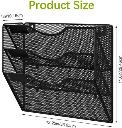 EasyPAG 5 Pocket Mesh Wall File Organizer with Key Hooks, Hanging Paper Folder Holder with Classify Label, Vertical Wall Mount Mail Organizer for Office Home Classroom, Black