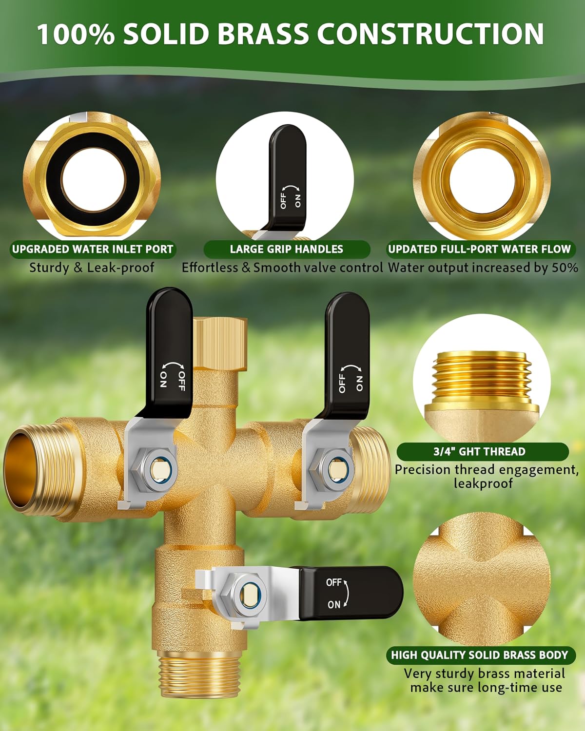 Garden Hose Splitter, 3 Way Heavy Duty Brass hose splitter, Water Hose Bib Spigot Splitter with 0.59" Full Flow Ball Valve Outlet & Shut-Off Valve 3/4'' Connector Outdoor Water Faucet Adapter