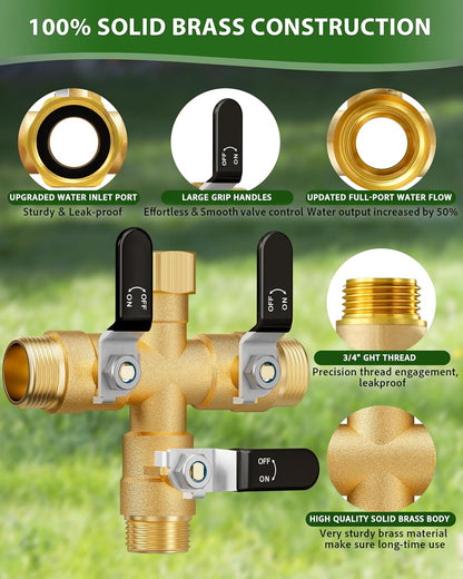 Garden Hose Splitter, 3 Way Heavy Duty Brass hose splitter, Water Hose Bib Spigot Splitter with 0.59" Full Flow Ball Valve Outlet & Shut-Off Valve 3/4'' Connector Outdoor Water Faucet Adapter