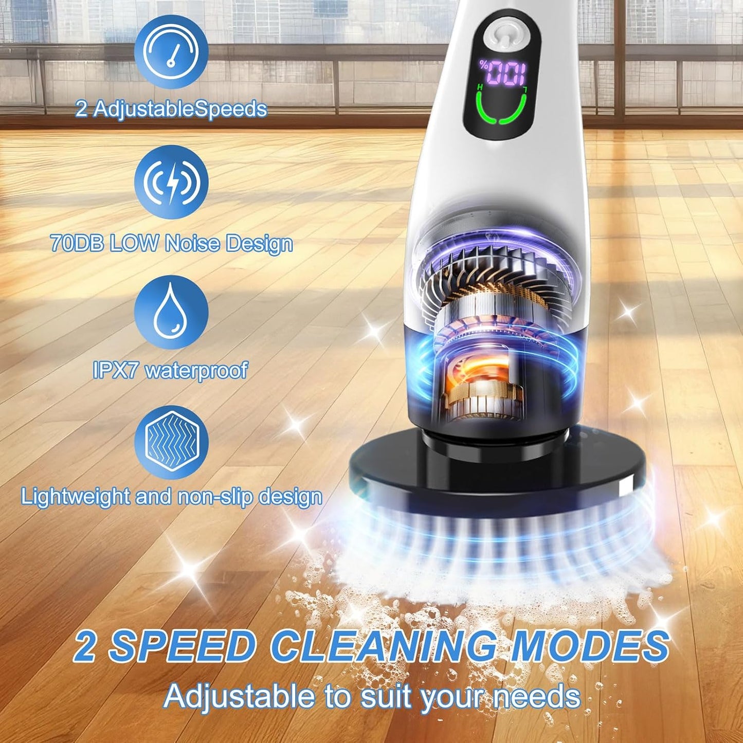 Electric Spin Scrubber with Power LCD Display, Cordless Bathroom Cleaning Brush with Adjustable Extension Handle, 400RPM/Mins, 9 Replaceable Brush Heads, IPX7 Waterproof for Shower, Bathtub, Tile