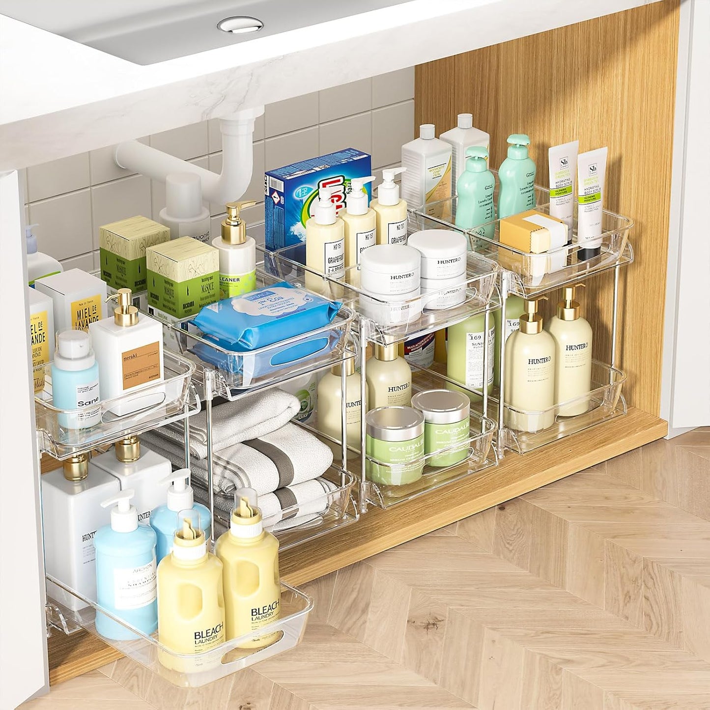 Sevenblue 4-Pack 2-Tier Under Sink Organizer with Pull Out Drawers | Multi-use kitchen & bathroom storage. Includes hanging hooks and cups. Black, space-saving cabinet design.