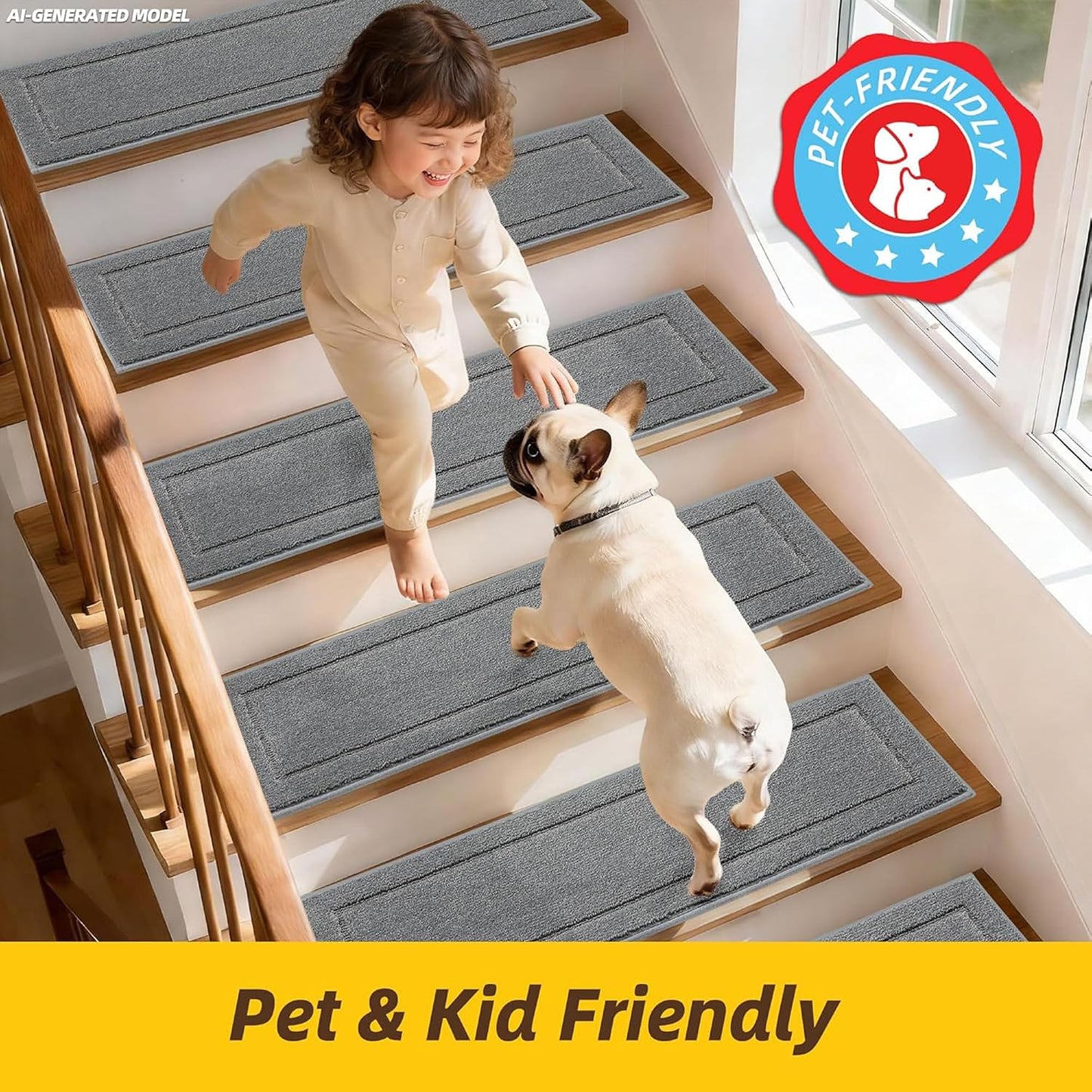 JSEI Stair Treads for Wooden Steps Indoor, 15-Pack Non Slip Stair Treads 30" x 8", Washable Polyester Stair Mats with TPE Backing, Low Profile Stair Rugs for Kids, Seniors and Dogs, Brown