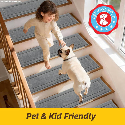 JSEI Stair Treads for Wooden Steps Indoor, 15-Pack Non Slip Stair Treads 30" x 8", Washable Polyester Stair Mats with TPE Backing, Low Profile Stair Rugs for Kids, Seniors and Dogs, Brown