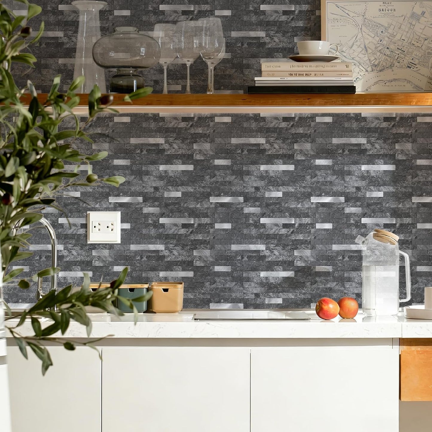 STICKGOO Peel and Stick Backsplash Tile, Stick on Backsplash for Kitchen and Bathroom, Volakas White Look PVC Mixed Metal Silver Self Adhesive Wall Tiles(Sample)