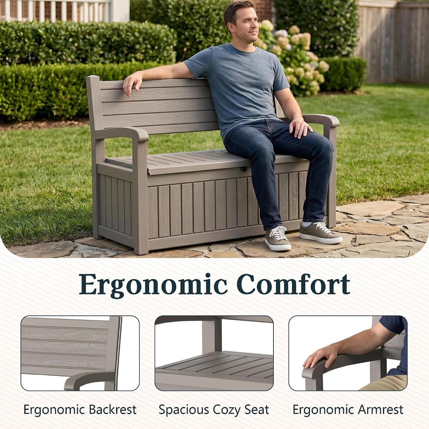Outdoor Bench, Waterproof Garden Bench with Storage, 100 Gallon Lockable Resin Deck Box, Weatherproof Bench Seating for Patio Yard Cushions Tools, Black
