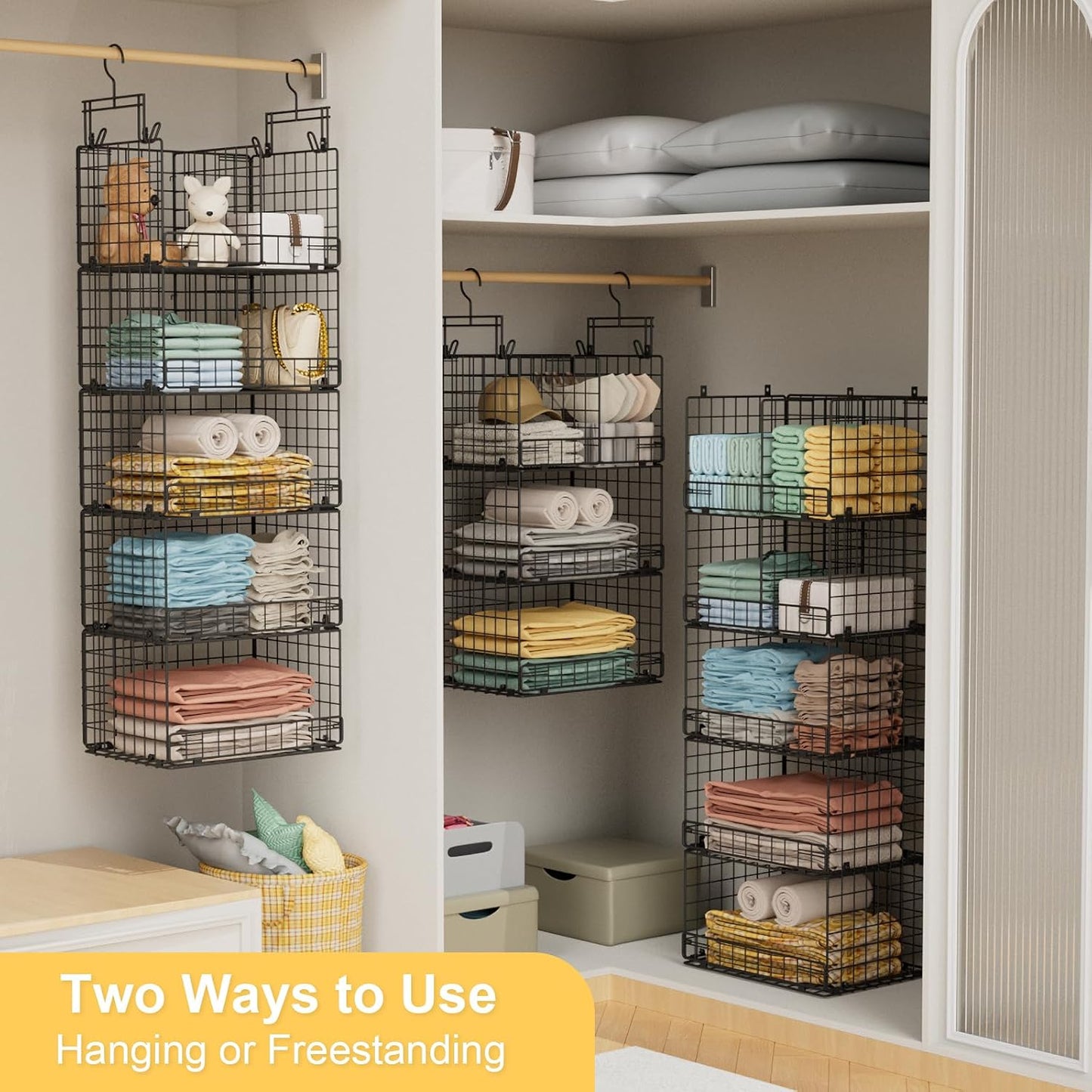 VyGrow 5 Tier Hanging Closet Organizer with Adjustable Dividers, Heavy-Duty Storage Shelves for Clothing, Kitchen, Laundry Room, Extra Large Baskets, 15.7" W x 11.8" D x 51" H, White