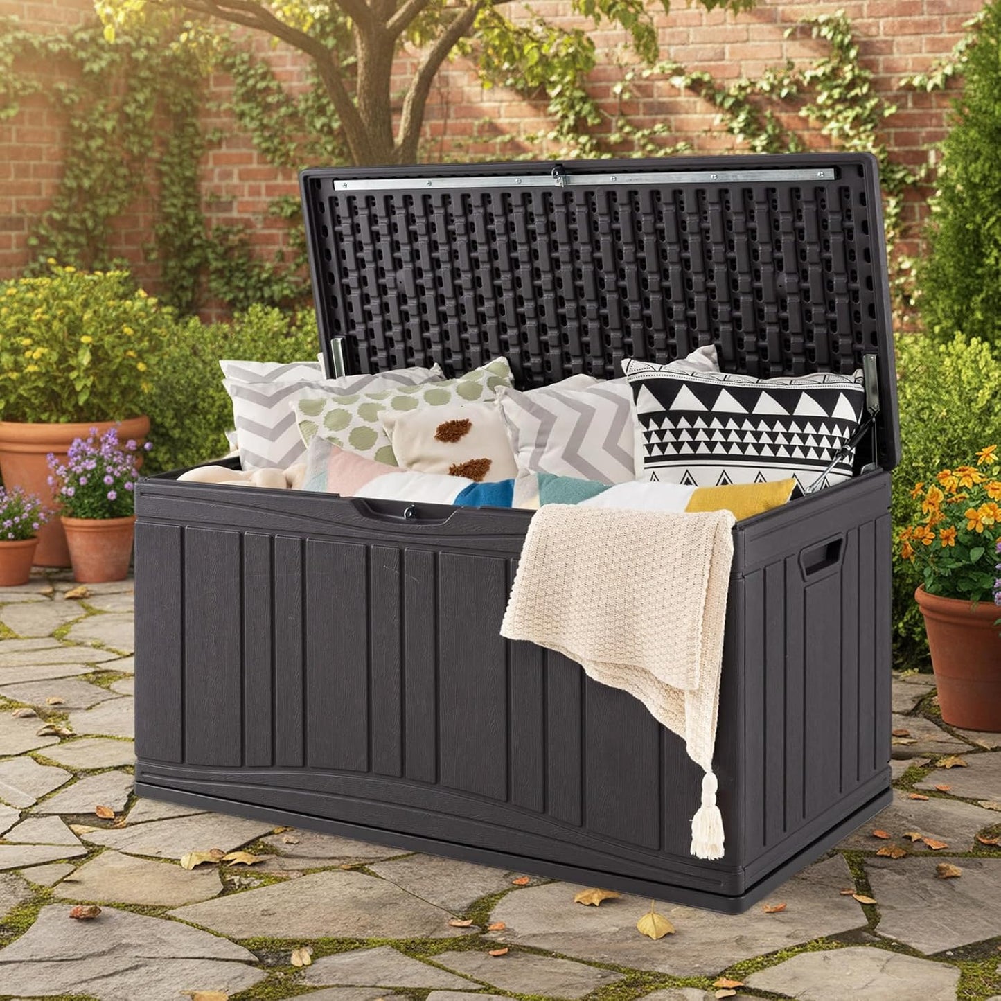 Tangkula 25 Gallon Waterproof Outdoor Storage Box with Lockable Lid | PP Resin, Wicker Patterned, Indoor Outdoor Use, Portable, Versatility, for Deck, Pool, Patio Cushions, Garden Tools