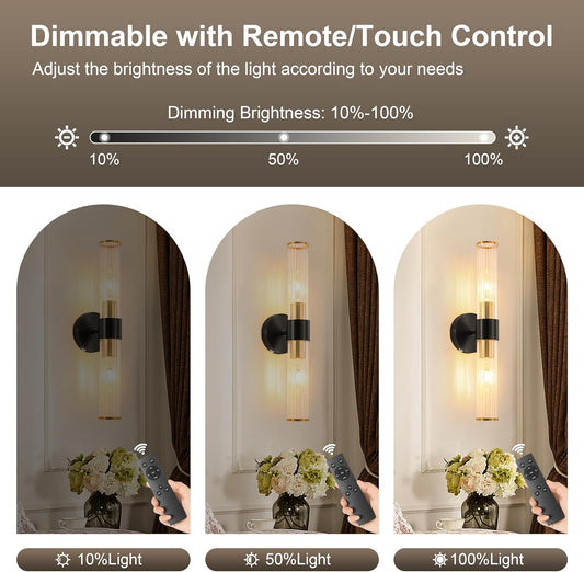 Morauroral Gold Battery Operated Wall Sconces Set of Two, Rechargeable Wall Sconce with Dimmable Remote Control, 20 Inch Wireless Sconce Wall Light for Bedroom, Living Room (Bulbs Included)