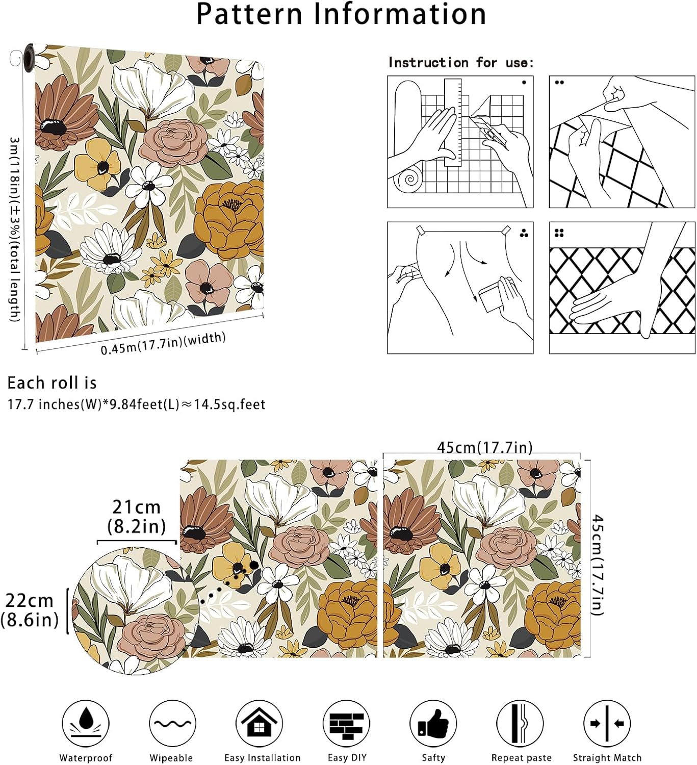 Floralplus Floral Wallpaper Peel and Stick Removable Wallpaper Boho Renter Friendly Dark Flower Wallpapers Contact Paper for Walls Cabinet Bedroom Bathroom Decor 17.5 in x 118 in