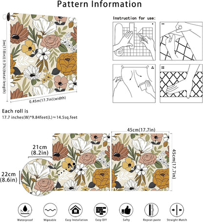 Floralplus Floral Wallpaper Peel and Stick Removable Wallpaper Boho Renter Friendly Dark Flower Wallpapers Contact Paper for Walls Cabinet Bedroom Bathroom Decor 17.5 in x 118 in