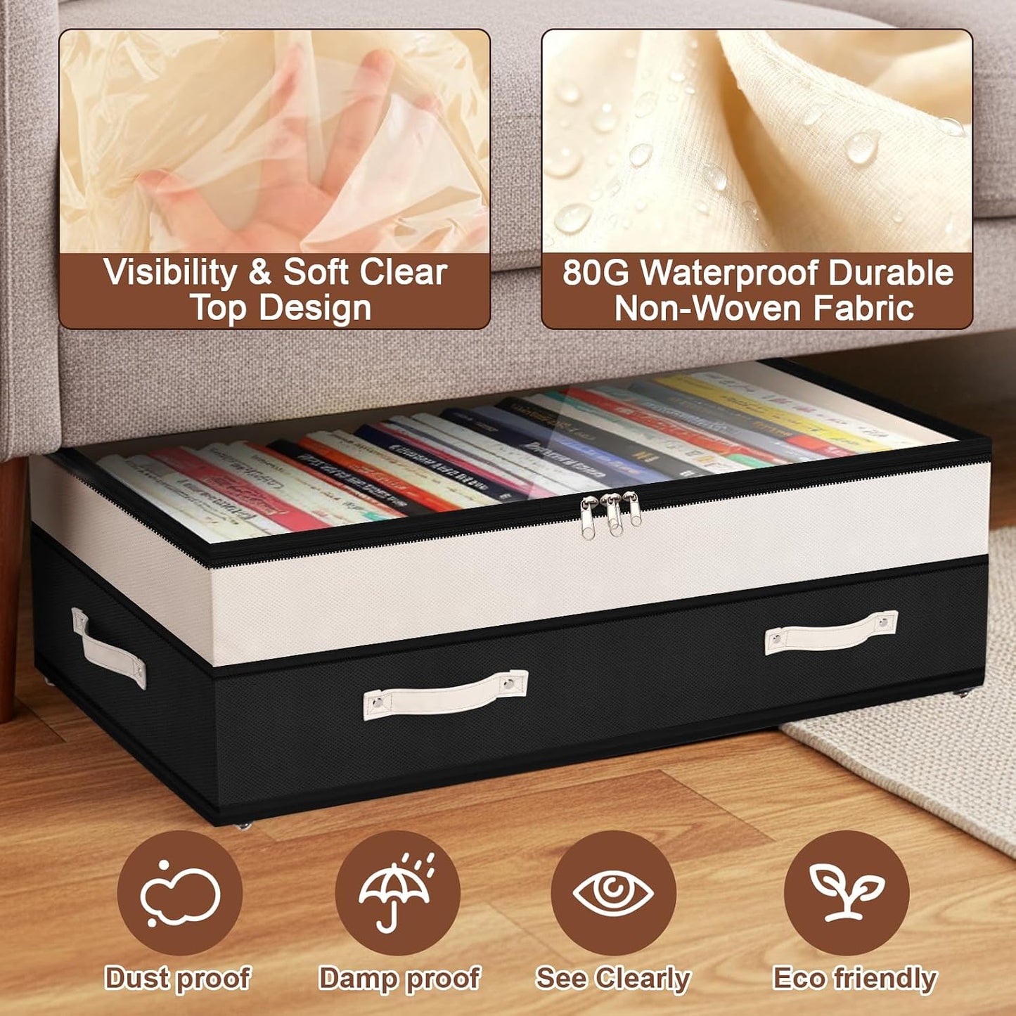 Dolicer 2 Pack Under Bed Storage with Wheels, 6in-10in Height Adjustable Underbed Storage Containers, 92L XXXL Under Bed Drawers Rolling Bin with Clear Lids for Dorm Shoes Clothes Organizers(Grey)