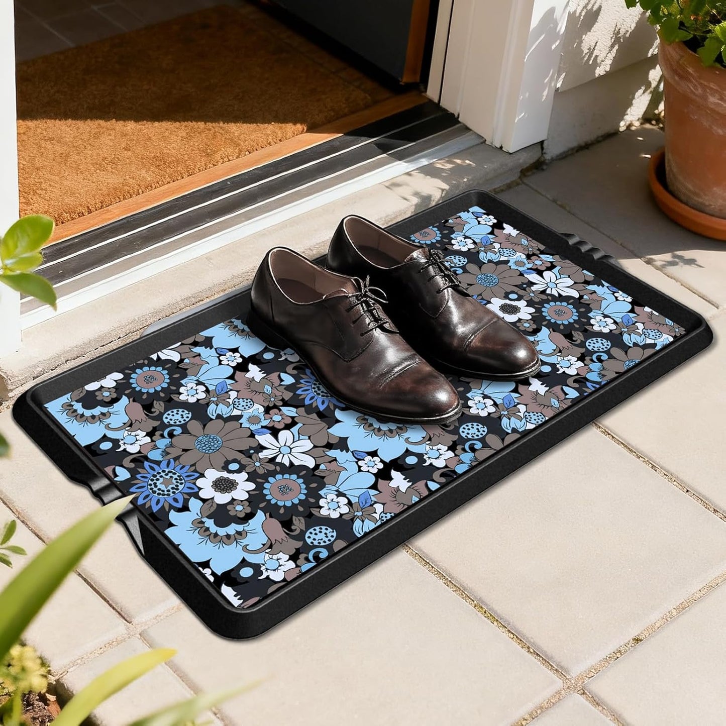 BEHERO Boot Tray Shoe Mat Decorative Patterned, Rubber Shoe Matt Tray Indoor/Outdoor Use, 16" x27.5" Shoe Cleaning Mat Non-Slip, Shoe Storage Waterproof Flower Prints for Entryway, Sunlit Blossom
