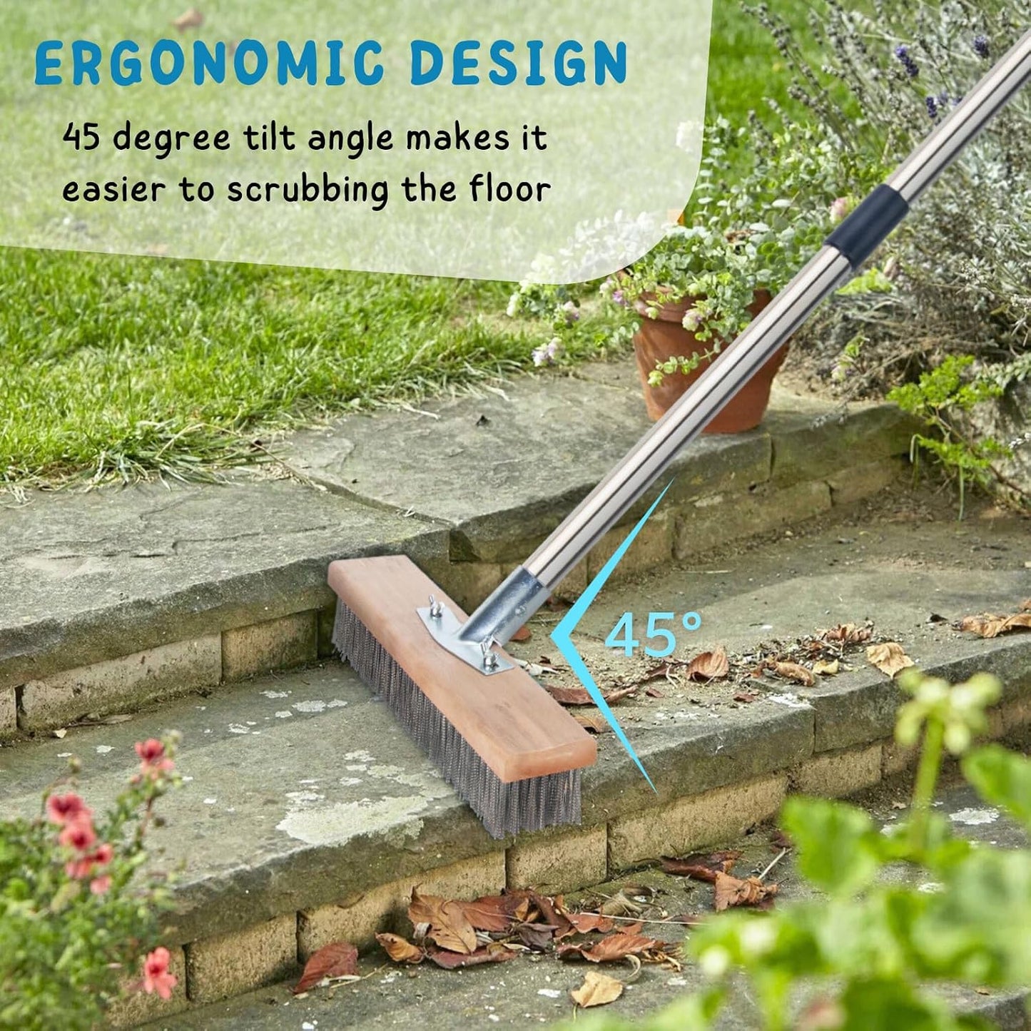 Floor Scrubber Brush with Long Handle for Deck Cleaning, 52'' Stiff Bristle Scrub Broom for Shower, Bathroom, Boat, Concrete, Carpet, Garage