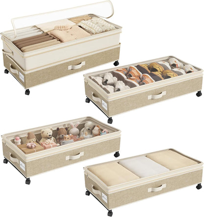 Kitstorack Under Bed Storage with Wheels 2Pack Height-adjustable Under Bed Storage Containers,Under Bed Shoe Storage Organizer with Clear Window&Label, Suitable for Clothes Storage, Gray