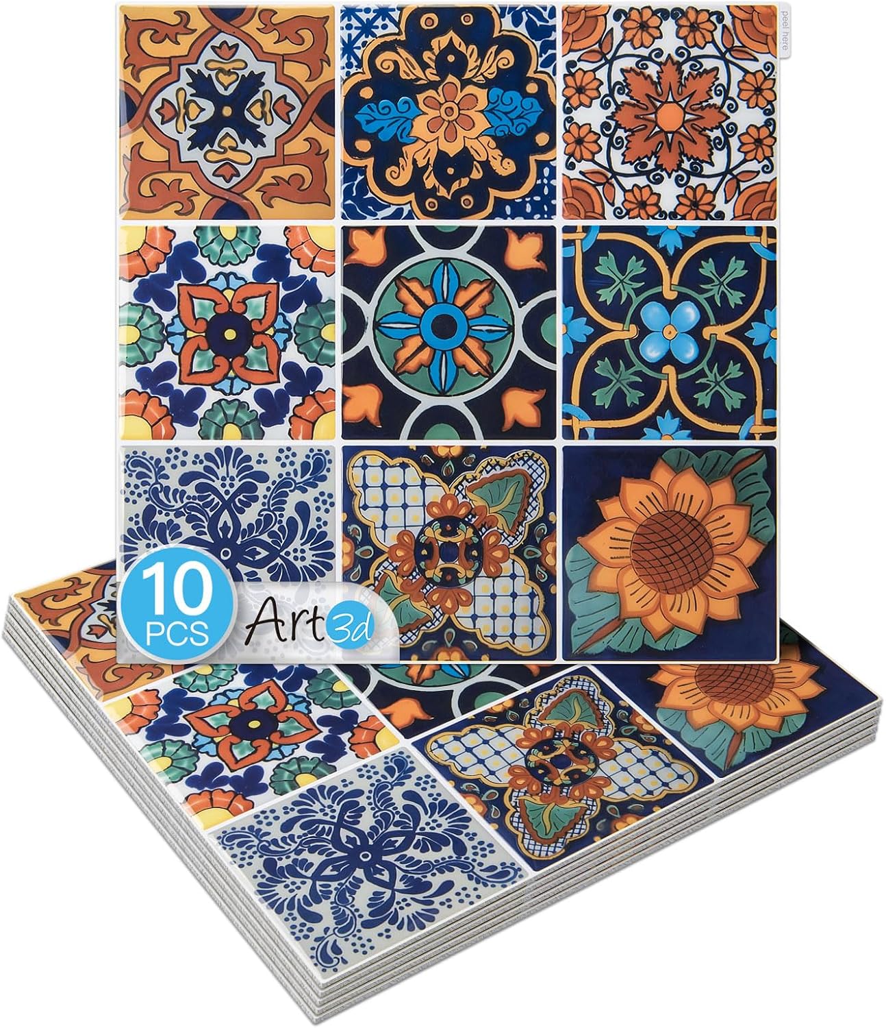 Art3d Talavera Hand-painted Waterproof Peel and Stick Backsplash Tile for Kitchen & Living Room, Sun & Moon Floral Design - 10-Pack of 12 x 12 Inch