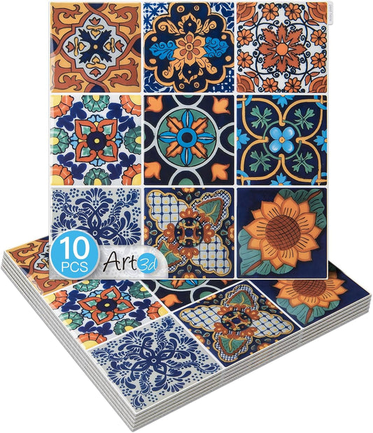 Art3d Talavera Hand-painted Waterproof Peel and Stick Backsplash Tile for Kitchen & Living Room, Sun & Moon Floral Design - 10-Pack of 12 x 12 Inch