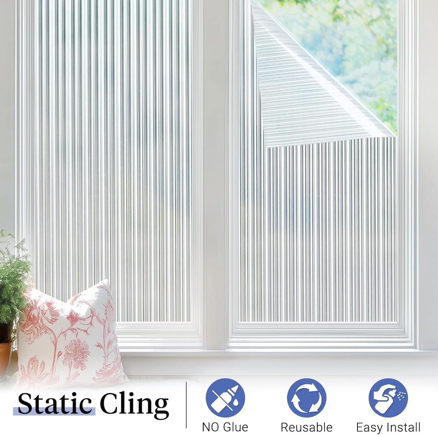 Haton Reeded Glass Window Privacy Film, Static Cling Non-Adhesive Frosted Film, UV Blocking Heat Control Removable Window Sticker for Bathroom Door Home Office, 17.5" x 78.7"