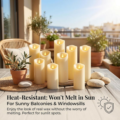 Set of 24 Slim Outdoor LED Candles, Battery Operated Flickering Fake Candles with 10-Key Timers for Patio & Porch Decor, 2.2 Inch Diameter Waterproof Resin Pillars for Large Events & Sconces (White)