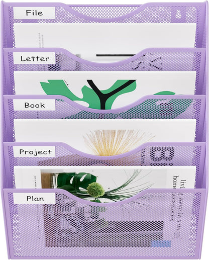 EasyPAG 5 Pocket Mesh Wall File Organizer with Key Hooks, Hanging Paper Folder Holder with Classify Label, Vertical Wall Mount Mail Organizer for Office Home Classroom, Black