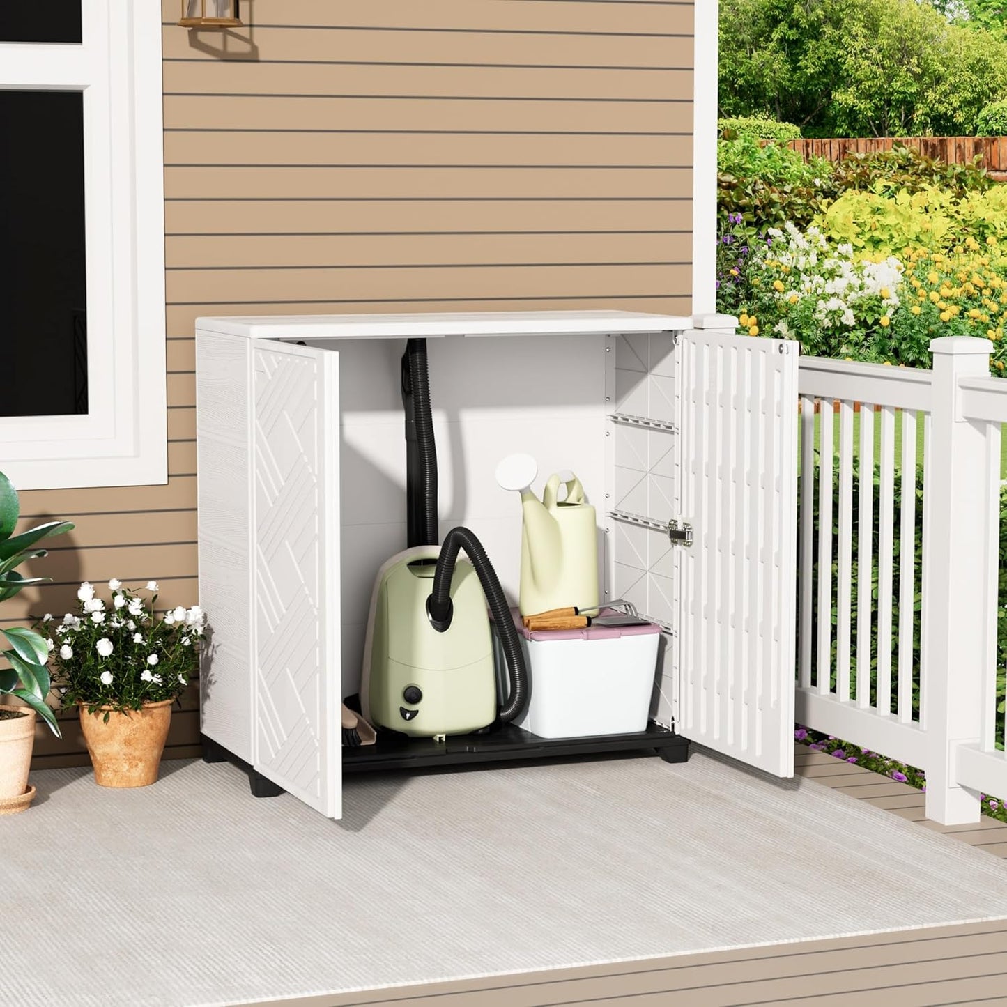 ADDOK Outdoor Storage Cabinet,60 Gallon Waterproof Resin Patio Storage Cabinet with 1 Adjustable Metal Shelf, Upright Outdoor Cabinet for Garden Tools, Pool Supplies, Toys, Porch and Garage