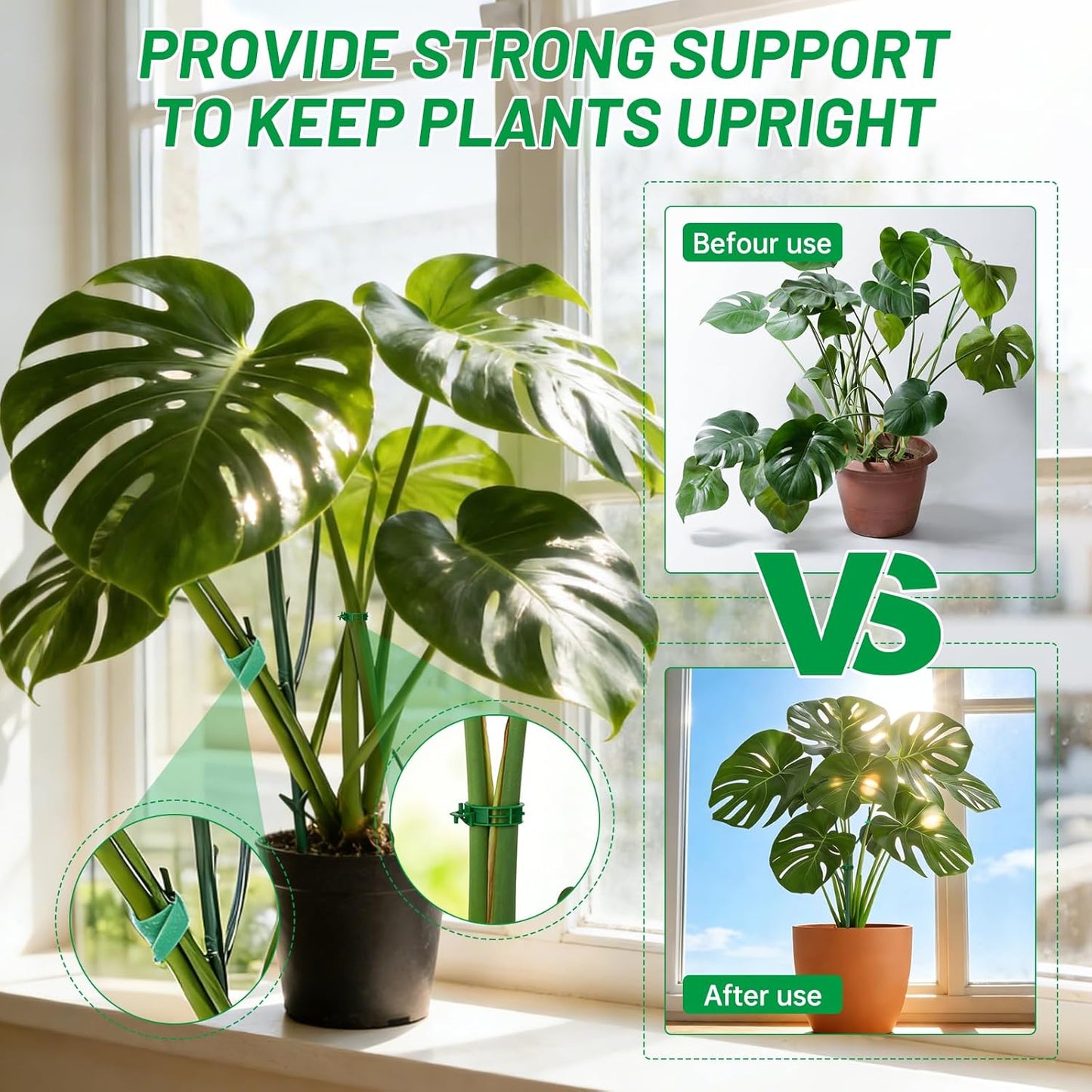 10 Pack Stackable Monstera Plant Support Stakes with 2 Rolls Hook-and-Loop Ties & 20 Clips, Adjustable Plant Stakes for Indoor Plants, Plant Sticks Support Tall Pothos Climbing