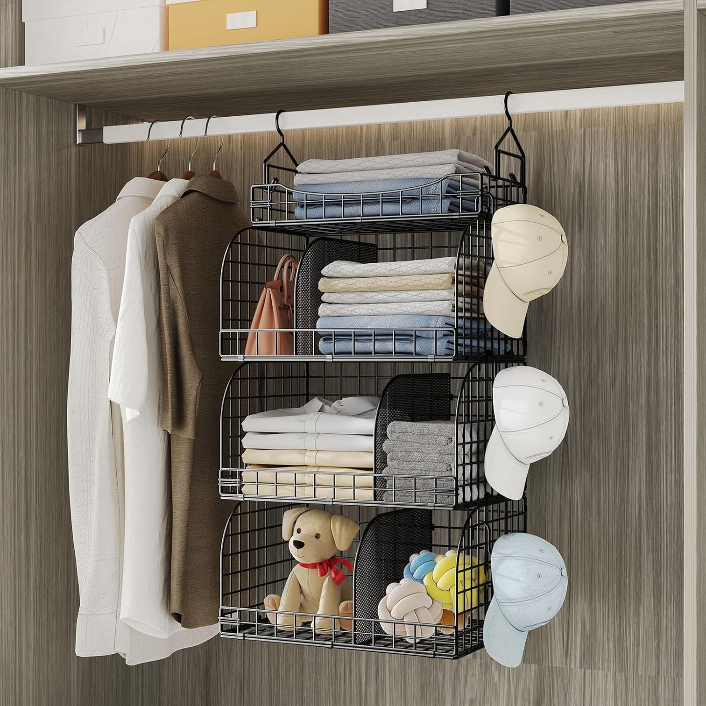 HapiRm Hanging Closet Organizer Storage - 3 Tier Metal Stackable Hanging Closet Shelves with Dividers and S Hooks, Foldable Clothes Shelves for Clothes, Pants, Shoes, Coat, Hats Clutches Accessories