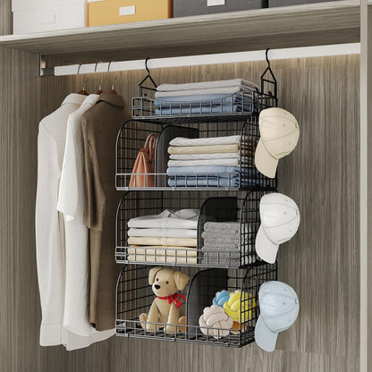 HapiRm Hanging Closet Organizer Storage - 3 Tier Metal Stackable Hanging Closet Shelves with Dividers and S Hooks, Foldable Clothes Shelves for Clothes, Pants, Shoes, Coat, Hats Clutches Accessories