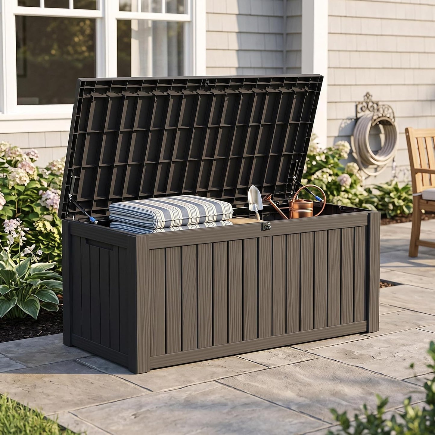 Outdoor Storage Box, 320 Gallon Waterproof Deck Box [Upgraded 3.0], Dual Gas-Spring Ultimate Resin Organizer for King Cushions, Heavy-Duty Lockable Estate Storage Bench, Backyard BBQ, Black