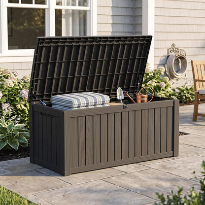 Outdoor Storage Box, 320 Gallon Waterproof Deck Box [Upgraded 3.0], Dual Gas-Spring Ultimate Resin Organizer for King Cushions, Heavy-Duty Lockable Estate Storage Bench, Backyard BBQ, Black