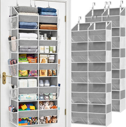 Over The Door Organizer, 5-Tier Extra Large Behind Door Storage with 10 Big Front & 10 Mesh Pockets, 80lb Capacity, Hanging Storage Organizer with Clear Window Kids Toys, Shoes, Diapers, Light Grey