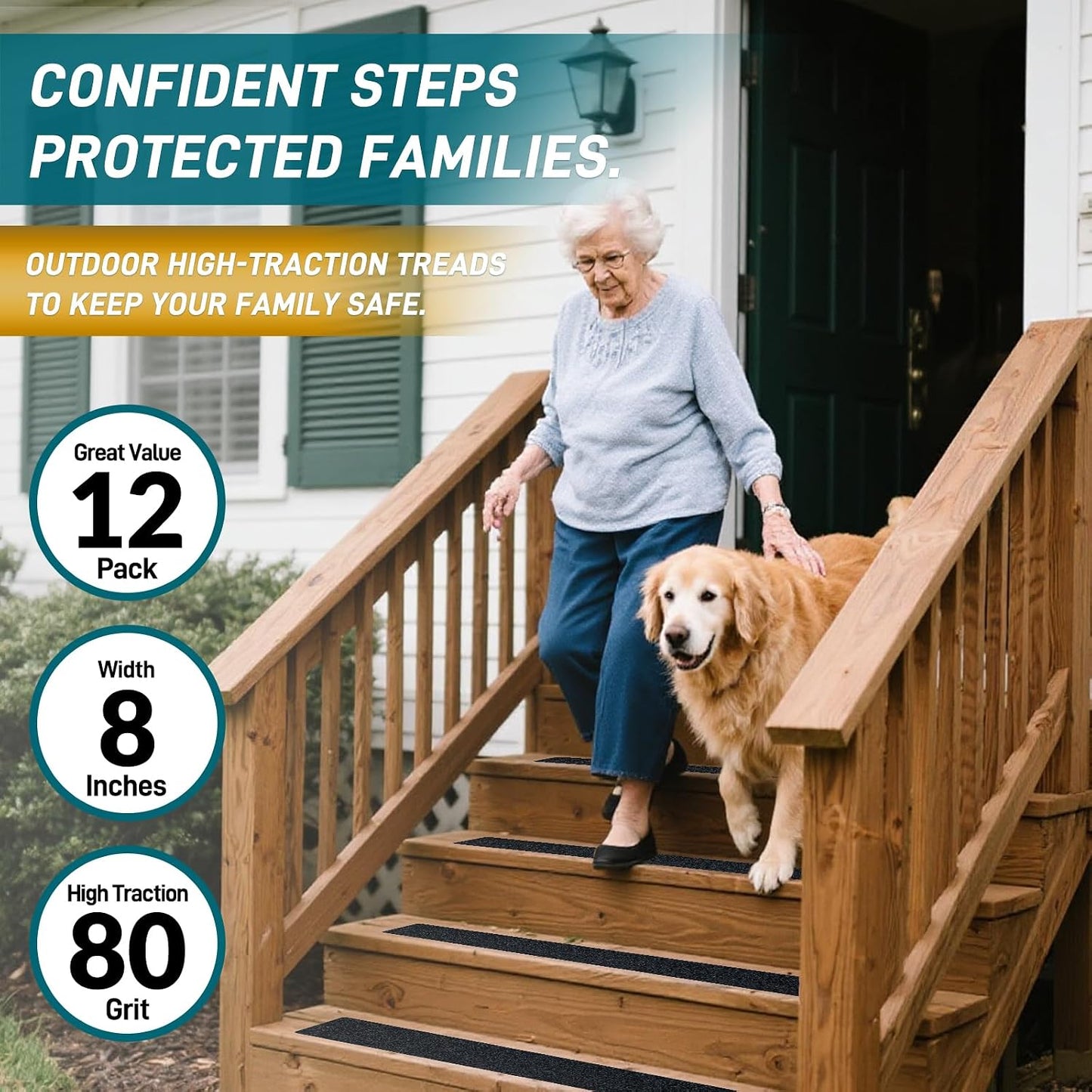 6" x 30" Anti Slip Traction Treads Tape (12-Pack), Pre-Cut Grip Tape for Stair Steps Outdoor, Waterproof Black Non Slip Stair Treads for Floor Safety, Easy to Install