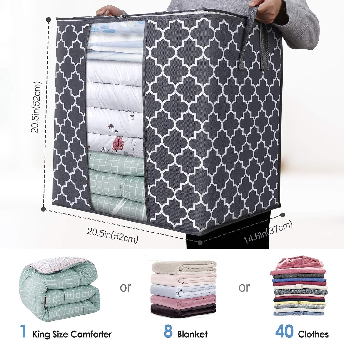 WISELIFE Storage Bags 3 Pack/100L Large Blanket Clothes Organization and Storage Containers for Comforters,Bedding, Foldable Organizer with Reinforced Handle, Clear Window, Sturdy Zippers,Gray