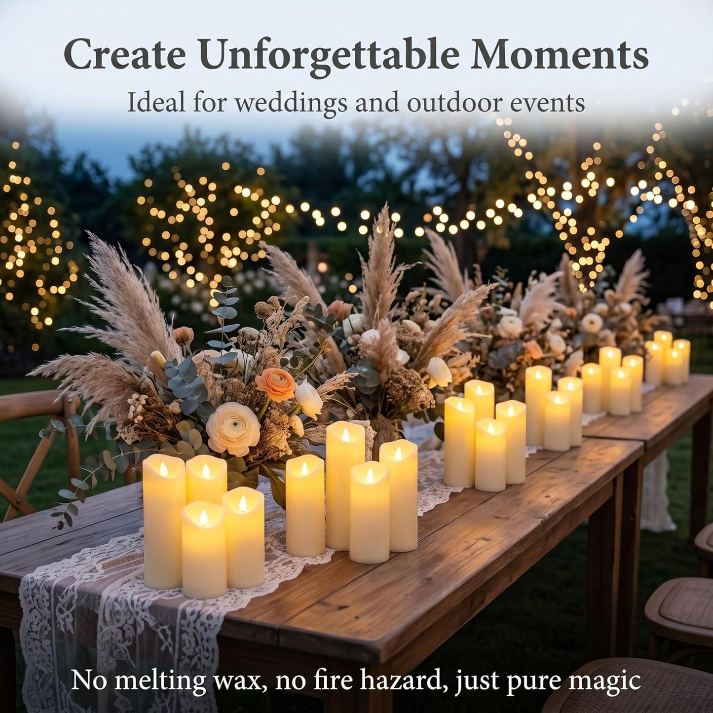 Set of 24 Slim Outdoor LED Candles, Battery Operated Flickering Fake Candles with 10-Key Timers for Patio & Porch Decor, 2.2 Inch Diameter Waterproof Resin Pillars for Large Events & Sconces (White)