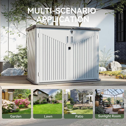 AOXUN Horizontal Storage Sheds 21 Cu.ft, HDPE Outdoor Storage Box 160 Gallon, Waterproof Lockable Resin Deck Box with Spring-Assisted Lid, Patio Storage for Garden, Pool, Cushions, Tools, White
