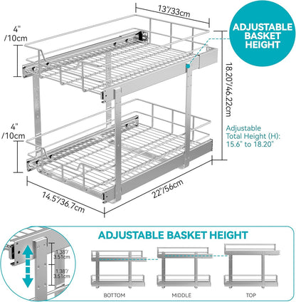 2 Tier Pull Out Cabinet Organizer 11" W X 22" D, Slide Out Drawers For Kitchen Cabinets, Pull Out Drawers For Cabinets Capacity Heavy Duty Caddy, Cabinet Pullout Shelves Chrome-Plated, Bathroom Pantry