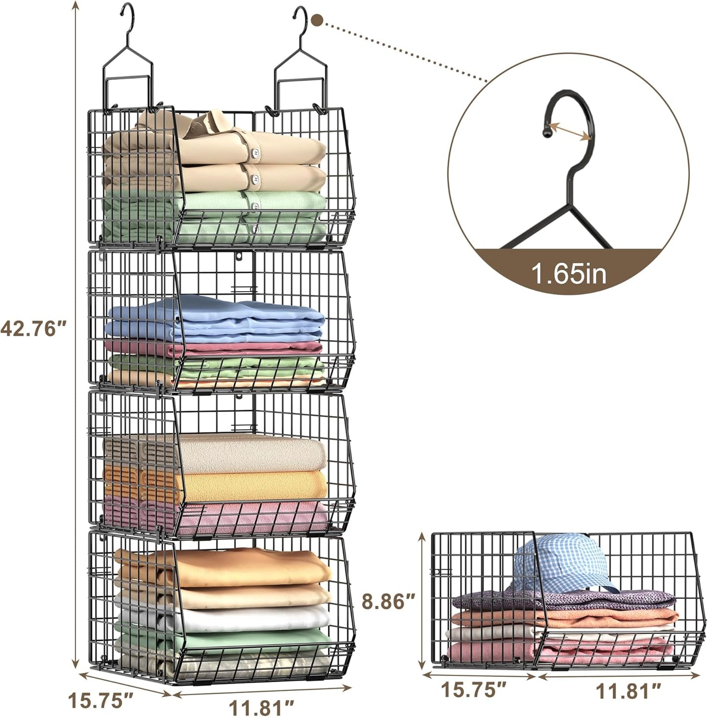 8-Tier Extended Depth Hanging Closet Organizers and Storage for Closet System, Stackable Closet Shelves with 4 Adjustable Dividers for Clothes Sweaters Purses, Wire Hanging Basket Fits Closet Laundry