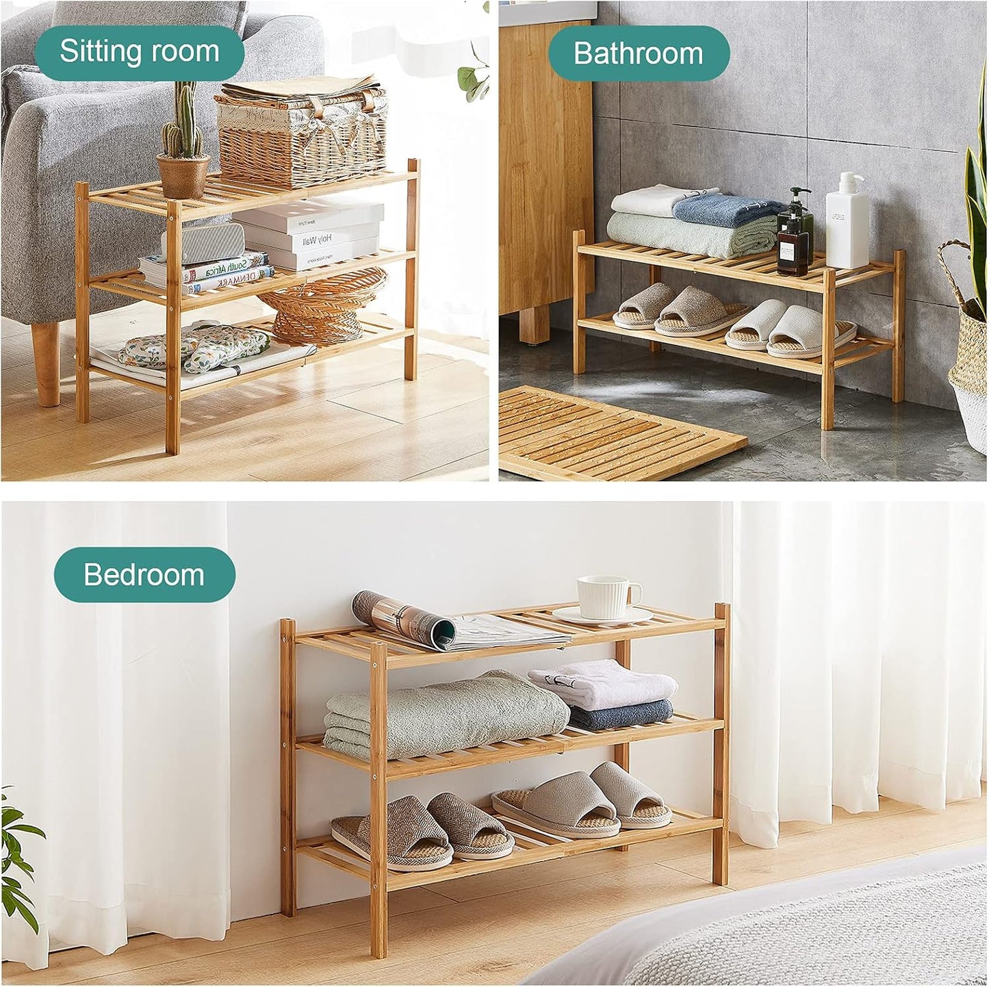 viewcare 3-Tier Black Bamboo Shoe Rack for Entryway, Stackable | Foldable | Natural, Shoe Shelf Storage Organizer for Hallway Closet, Free Standing Shoe Racks for Indoor Outdoor