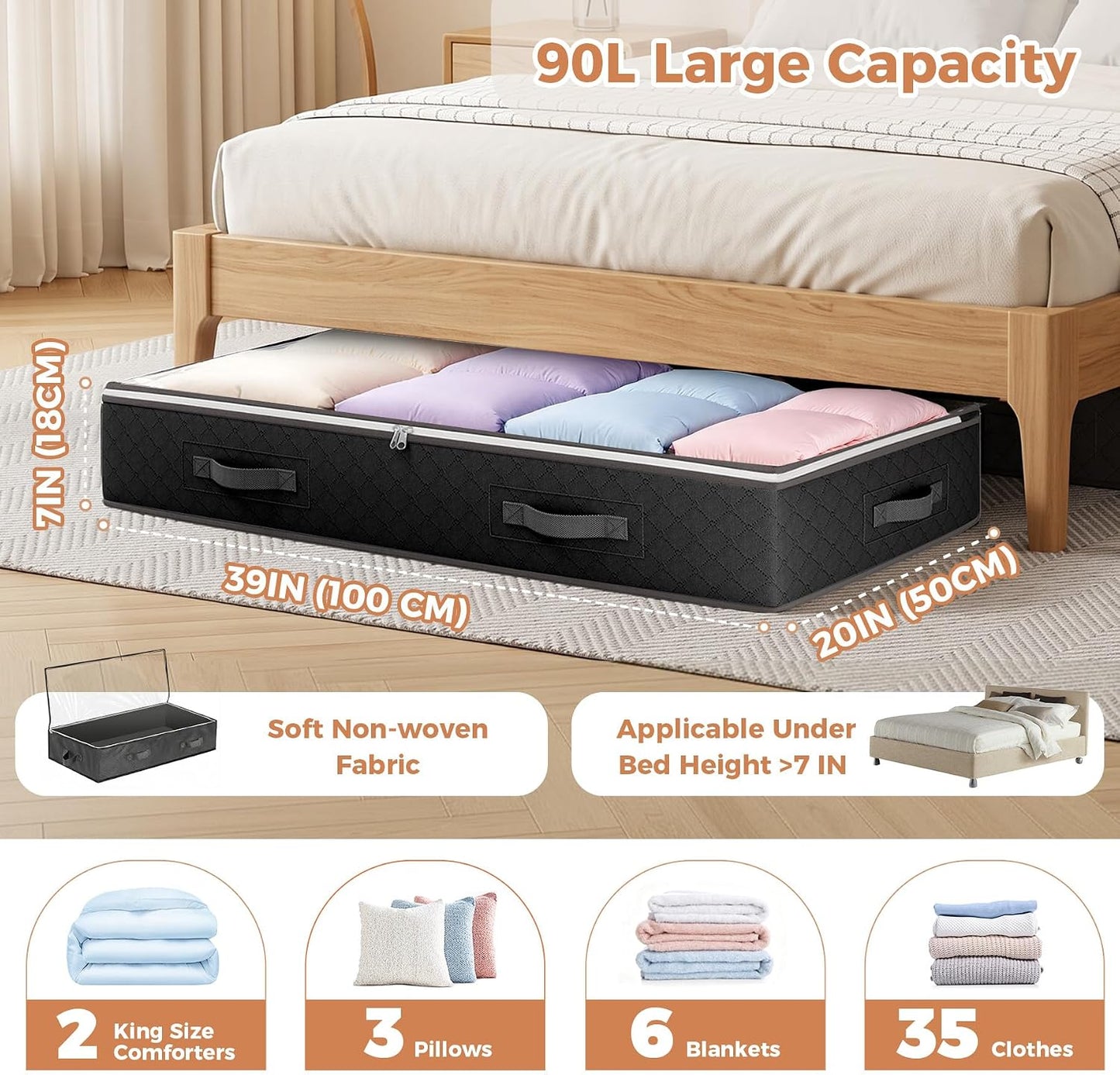 Budding Joy 90L Under Bed Storage Containers, 4 Pack Closet Organizers Grey | Foldable underbed storage bins for linen sheets, blanket, clothing, comforter, sweaters, pillows, wrapping paper