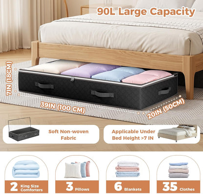 Budding Joy 90L Under Bed Storage Containers, 4 Pack Closet Organizers Grey | Foldable underbed storage bins for linen sheets, blanket, clothing, comforter, sweaters, pillows, wrapping paper