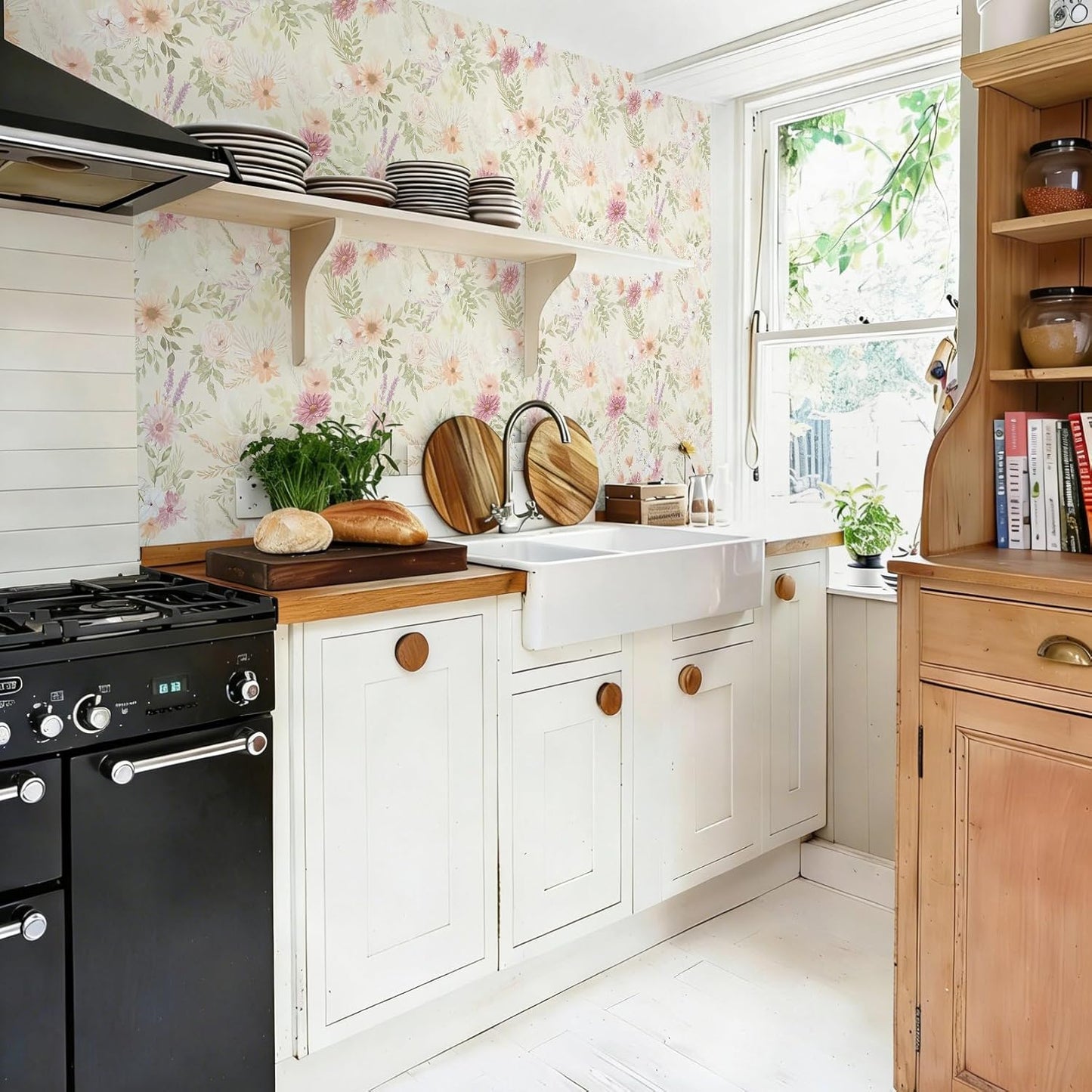 Dimoon 17.3''x78.7'' Peel and Stick Wallpaper Floral Cute Contact Paper Vintage Village Country Cottage Wallpaper Farmhouse Yellow Beige Renter Friendly Geometry Waterproof Embossed Kitchen Bedroom