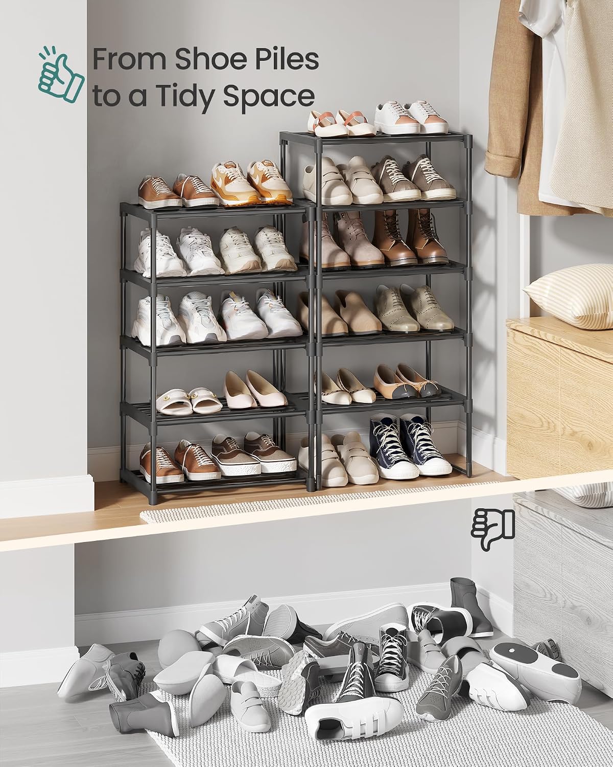 SONGMICS Shoe Rack, 6-Tier Shoe Organizer, Metal Storage Shelf, Upright or Upside Down, for 24-30 Pairs, Stackable, for Entryway, 11.8 x 36.2 x 42.7 Inches, Black ULSA306BH01