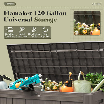 Flamaker Resin Deck Box 120 Gallon Waterproof Large Outdoor Indoor Storage Box Imitation Wood Resin for Patio Furniture Garden Tools and Pool (Black)