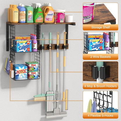 Housolution Broom Holder Wall Mount with Cleaning Supplies Organizer, 100 LBS High Load-Bearing Laundry Room Storage Shelves, Multifunctional Mop Hanger Rack with 2 Baskets, 4 Grippers & Hooks